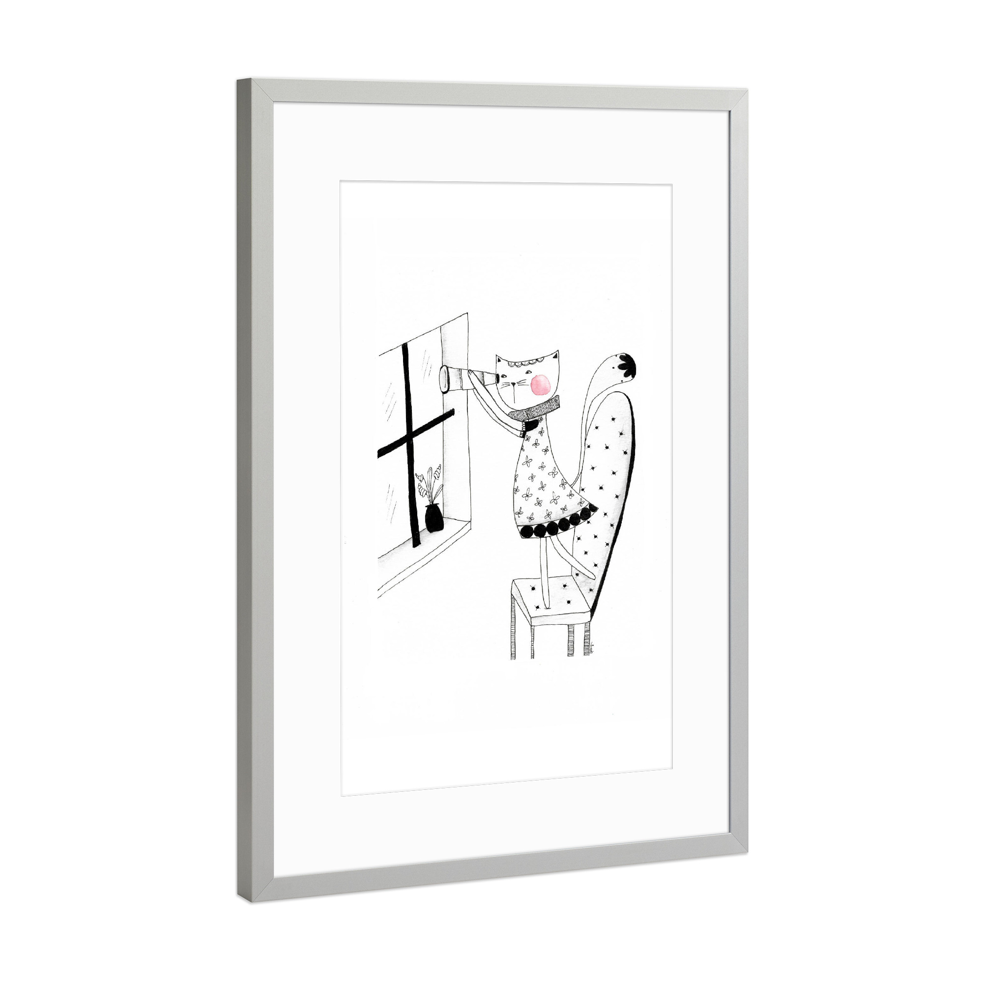 Poster mit Rahmen Silber "Bianca Peter-Lillycat am Fenster" artboxONE - Für Kinder,Tiere,Schwarzweiß
