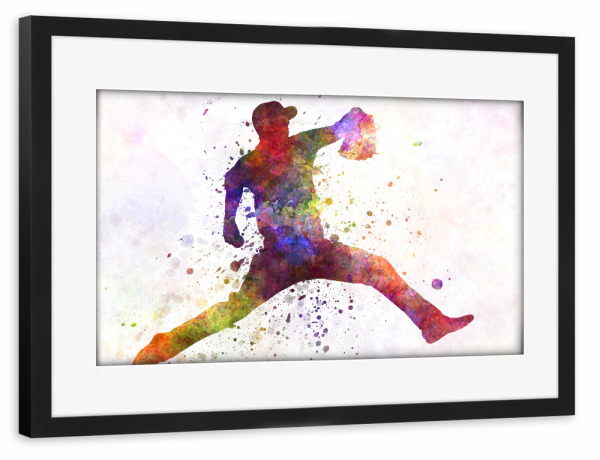 Poster mit Rahmen schwarz "Baseball pitcher" artboxONE - Sport - America,Sport,Sports,Colorful baseball,Bat,Stadium,Player,Pitcher,Watercolor
