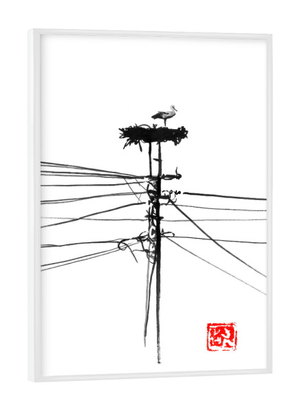 Poster mit weißem Rahmen "Storke nest" artboxONE - Natur - Cigogne,Sumie,Japon,Japan,Schwarzweiß,Blackandwhite