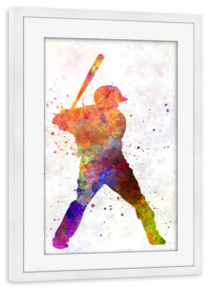 Poster mit Rahmen weiß "Baseball batter" artboxONE - Sport - America,Sport,Sports,Colorful baseball,Bat,Stadium,Player,Pitcher,Watercolor