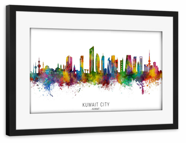 Poster mit Rahmen schwarz "Kuwait City Skyline txt" artboxONE - Städte