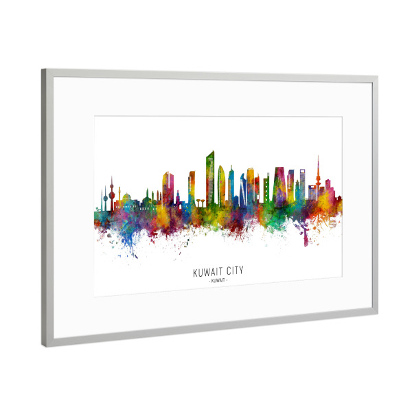 Poster mit Rahmen Silber "Kuwait City Skyline txt" artboxONE - Städte
