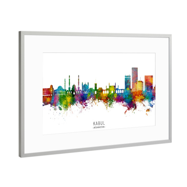 Poster mit Rahmen Silber "Kabul Afghanistan Skyline txt" artboxONE - Städte