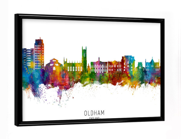 Poster mit schwarzem Rahmen "Oldham England Skyline txt" artboxONE - Städte