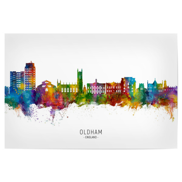 Poster "Oldham England Skyline txt" artboxONE - Städte - Oldham,England,Skyline,Cityscape,Stadtbild,Watercolor,Painting,Stadt,Bunt,Colorful