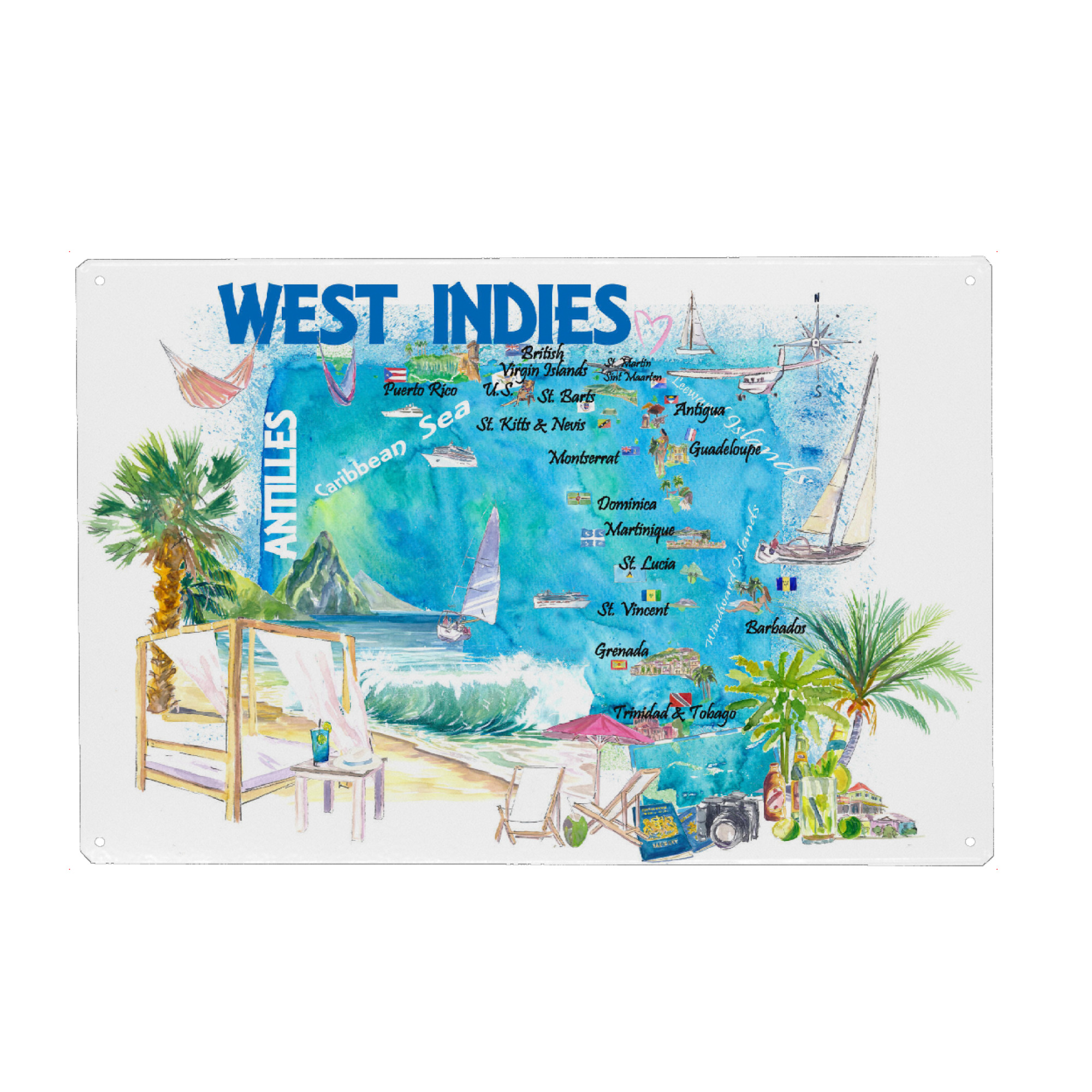 Metall Poster "West Indies Karte" artboxONE - Reise,Reise / Strand und Meer,Kartografie