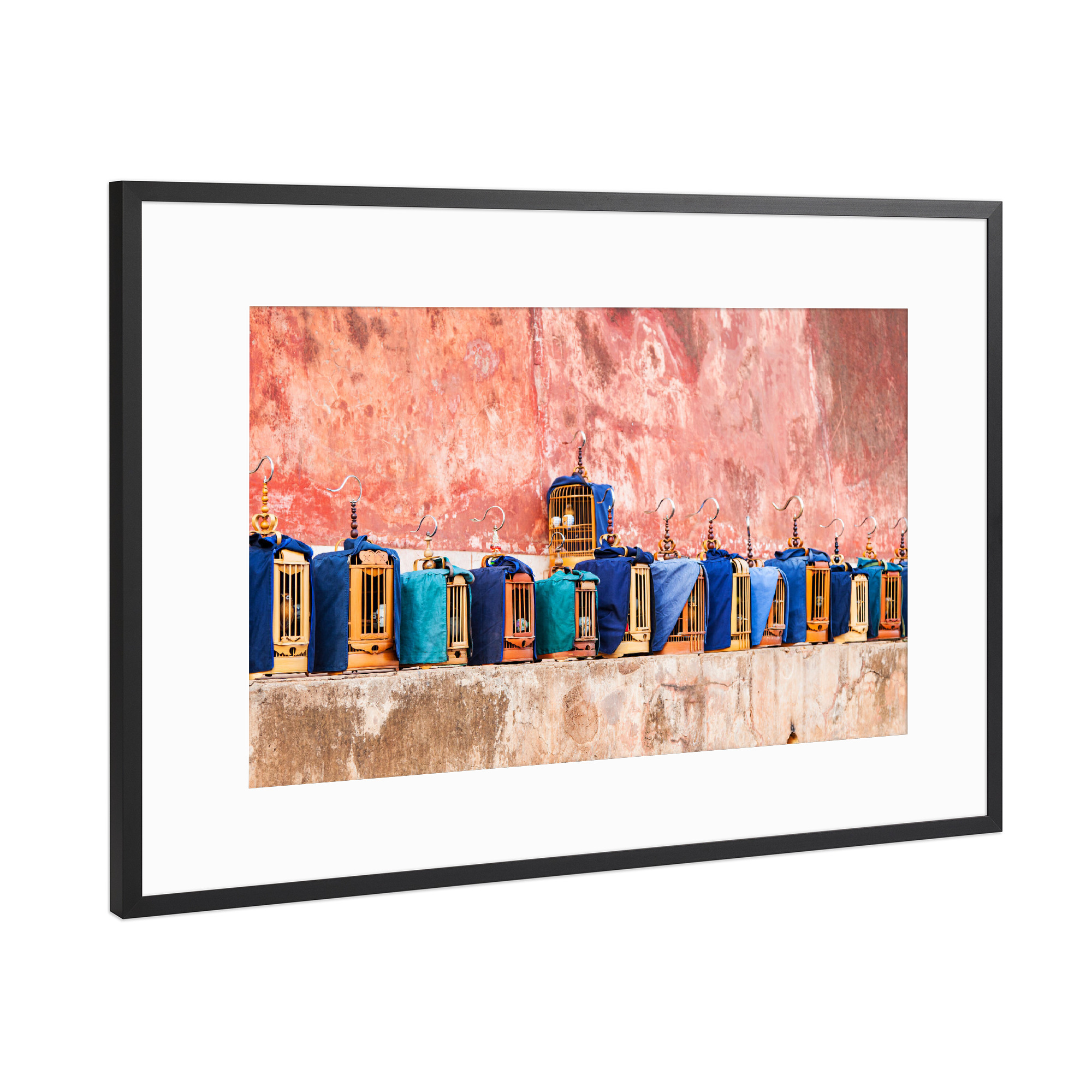 Poster mit Rahmen Schwarz (Metallic) "Vogelmarkt" artboxONE - Reise - Vogelmarkt,Vögel,Vogelkäfig,Markt