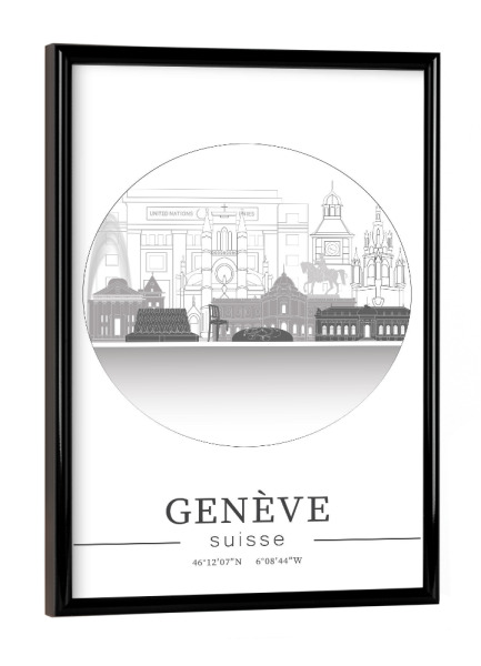 Poster mit schwarzem Rahmen "Geneva skyline line art circle" artboxONE - Städte,Reise,Architektur,Kartografie