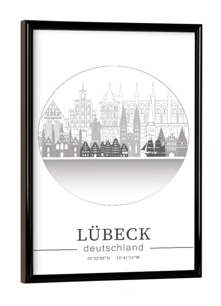 Poster mit schwarzem Rahmen "Lubeck skyline line art circle" artboxONE - Städte,Reise,Architektur,Kartografie
