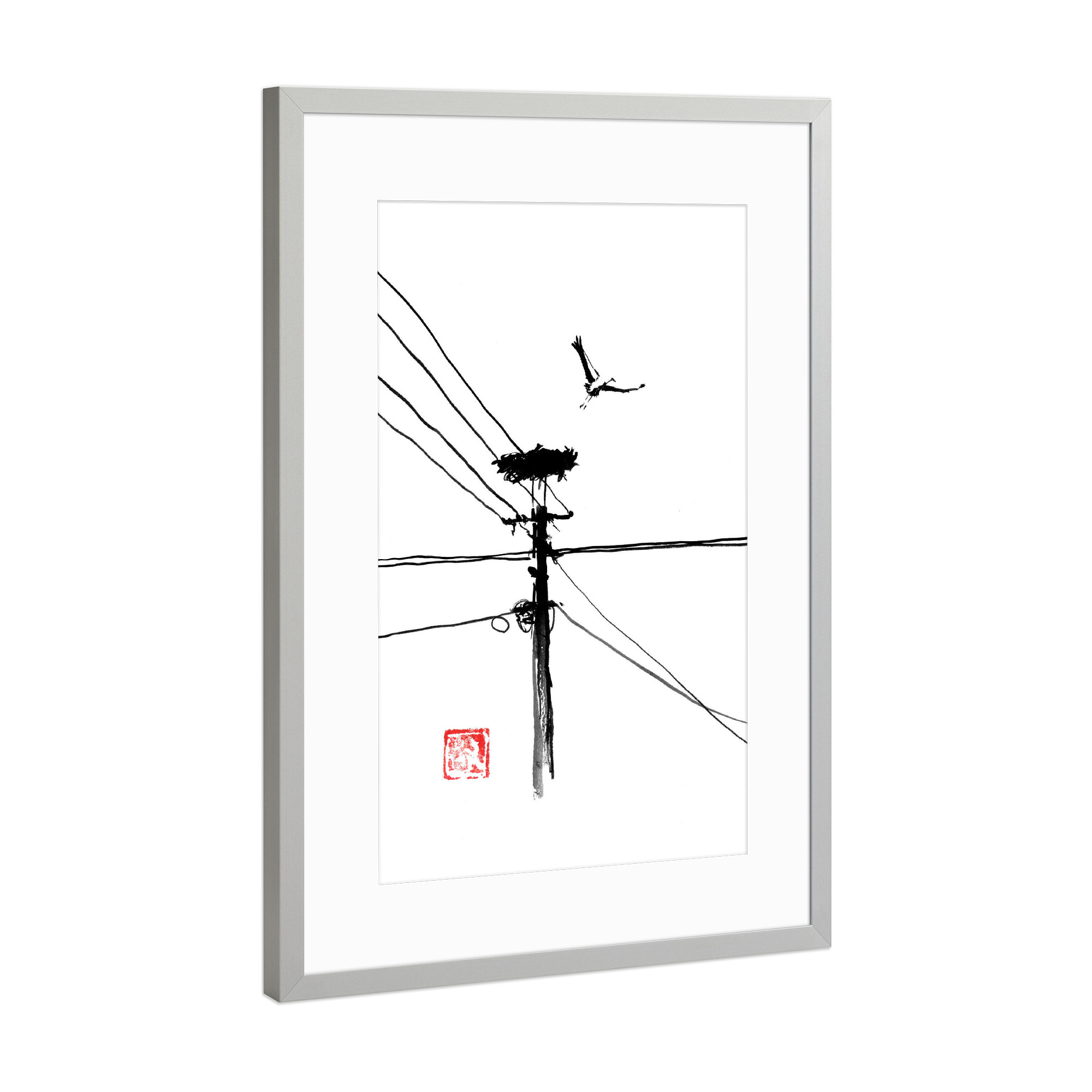 Poster mit Rahmen Silber "Taking off storke" artboxONE - Tiere,Schwarzweiß - Cigogne,Oiseau,Nid,Sumie,Japon,Japan,Minimal