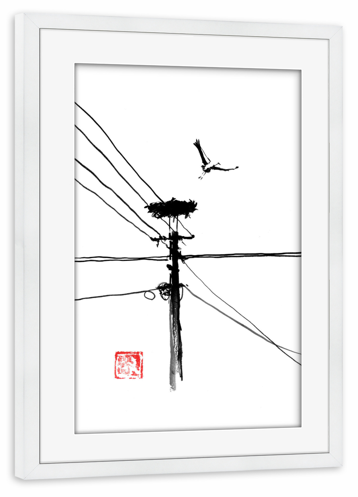 Poster mit Rahmen weiß "Taking off storke" artboxONE - Tiere,Schwarzweiß - Cigogne,Oiseau,Nid,Sumie,Japon,Japan,Minimal
