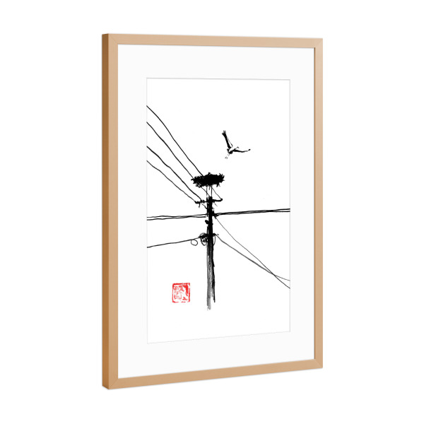 Poster mit Rahmen Kupfer "Taking off storke" artboxONE - Tiere,Schwarzweiß - Cigogne,Oiseau,Nid,Sumie,Japon,Japan,Minimal