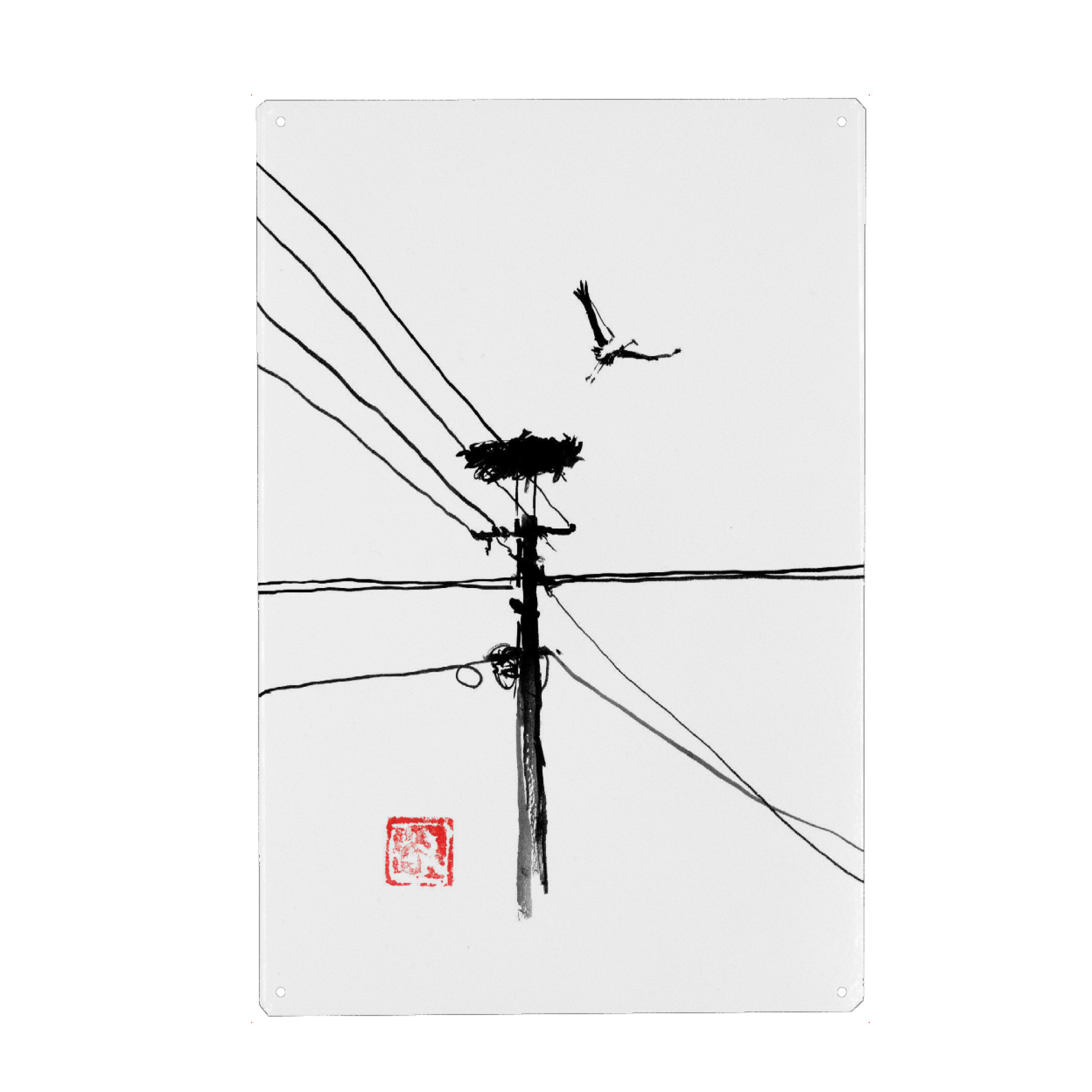 Holzbild "Taking off storke" artboxONE - Tiere,Schwarzweiß - Cigogne,Oiseau,Nid,Sumie,Japon,Japan,Minimal