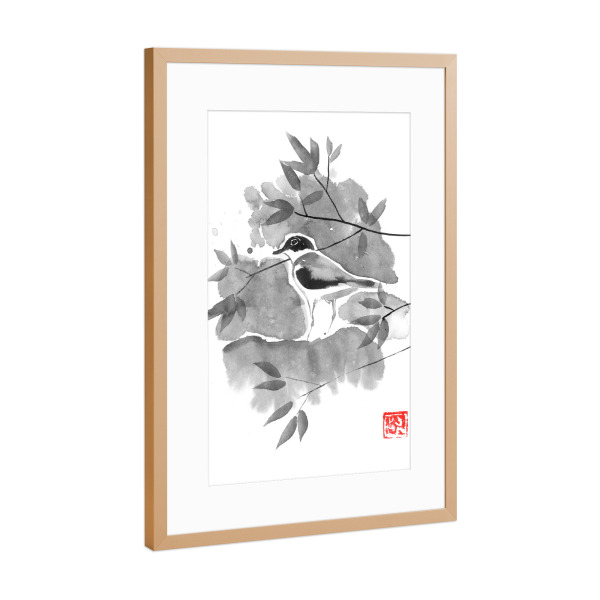 Poster mit Rahmen Kupfer "Bird in a tree" artboxONE - Natur,Tiere - Oiseau,Sumie,Japon,Japan,Floral,Natur,Nature,Schwarzweiß,Blackandwhite,Grau,Gray