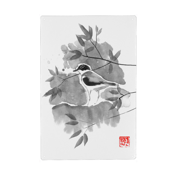 Holzbild "Bird in a tree" artboxONE - Natur,Tiere - Oiseau,Sumie,Japon,Japan,Floral,Natur,Nature,Schwarzweiß,Blackandwhite,Grau,Gray