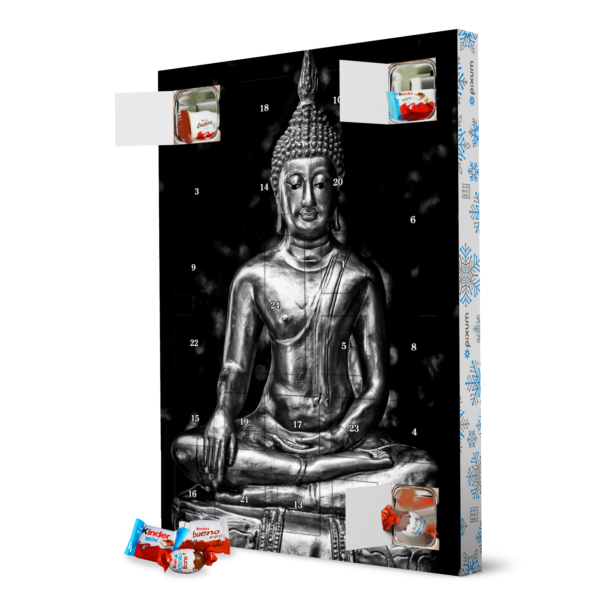 Adventskalender XXL mit Produkten von Kinder Buddha Figur im Tempel artboxONE Adventskalender Schwarzweiß