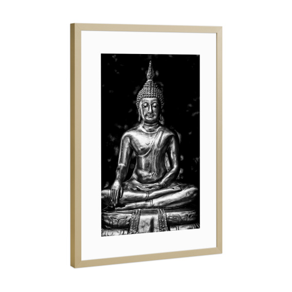 Poster mit Rahmen Gold "Buddha Figur im Tempel" artboxONE - Schwarzweiß,Reise / Asien