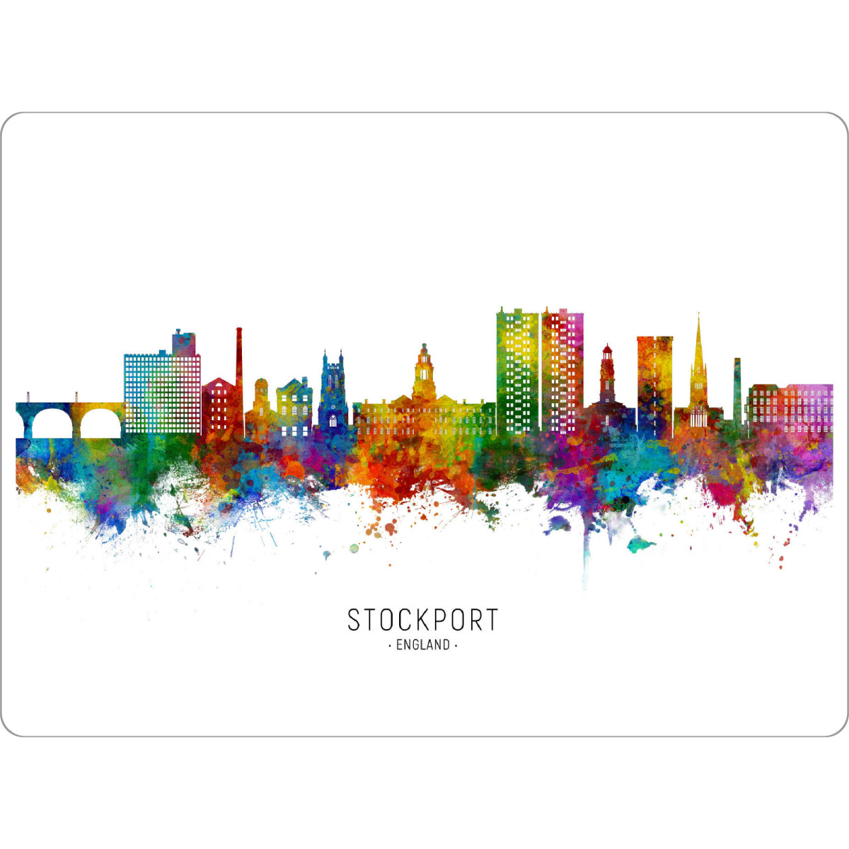 Tischset "Stockport England Skyline txt" artboxONE - Städte - Stockport,England,Skyline,Cityscape,Stadtbild,Watercolor,Stadt,Bunt,Colorful