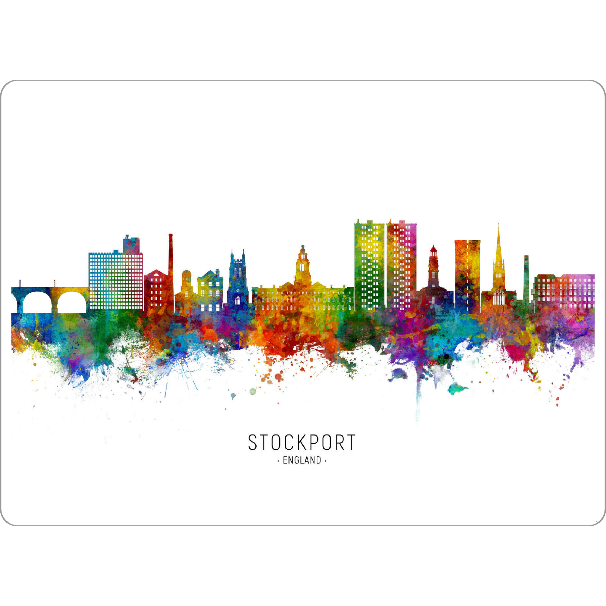 Tischset "Stockport England Skyline txt" artboxONE - Städte - Stockport,England,Skyline,Cityscape,Stadtbild,Watercolor,Stadt,Bunt,Colorful