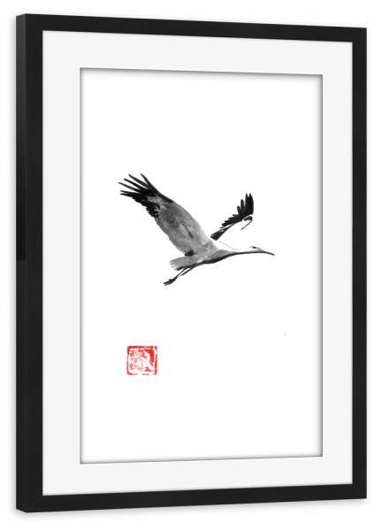 Poster mit Rahmen schwarz "Storke" artboxONE - Tiere - Oiseau,Cigogne,Sumie,Japon,Japan,Tier,Animal,Minimal,Minimalisitisch,Schwarzweiß,Blackandwhite
