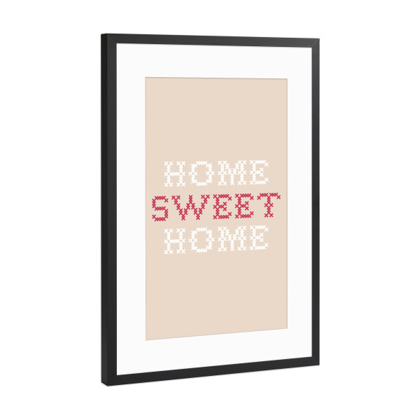Poster mit Rahmen Schwarz (Metallic) "Sweet Home I Sticken Beige Rot" artboxONE - Typografie,Für Kinder,Liebe,Für Mama,Lustig