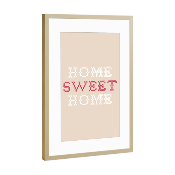 Poster mit Rahmen Gold "Sweet Home I Sticken Beige Rot" artboxONE - Typografie,Für Kinder,Liebe,Für Mama,Lustig