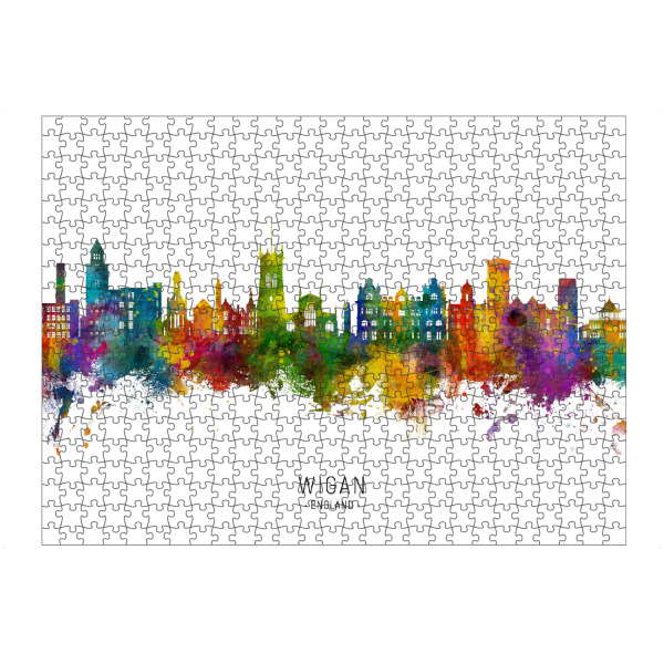 Puzzle Ravensburger "Wigan England Skyline txt" artboxONE - Städte - Wigan,England,Skyline,Cityscape,Stadtbild,Watercolor,Stadt,Bunt,Colorful