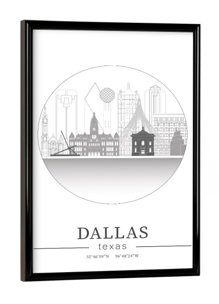 Poster mit schwarzem Rahmen "Dallas skyline line art circle" artboxONE - Städte,Reise,Architektur,Kartografie