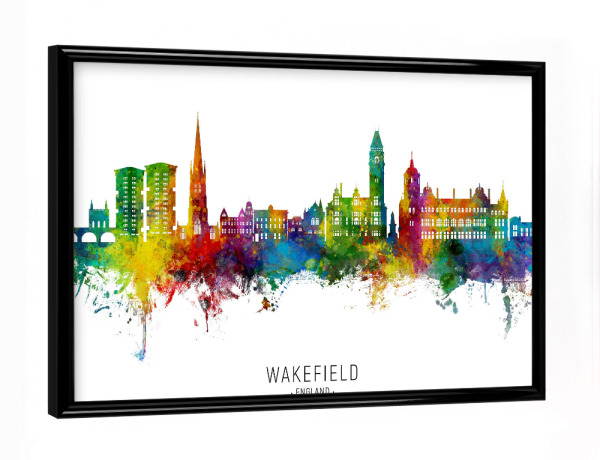 Poster mit schwarzem Rahmen "Wakefield England Skyline txt" artboxONE - Städte