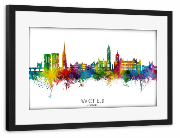 Poster mit Rahmen schwarz "Wakefield England Skyline txt" artboxONE - Städte