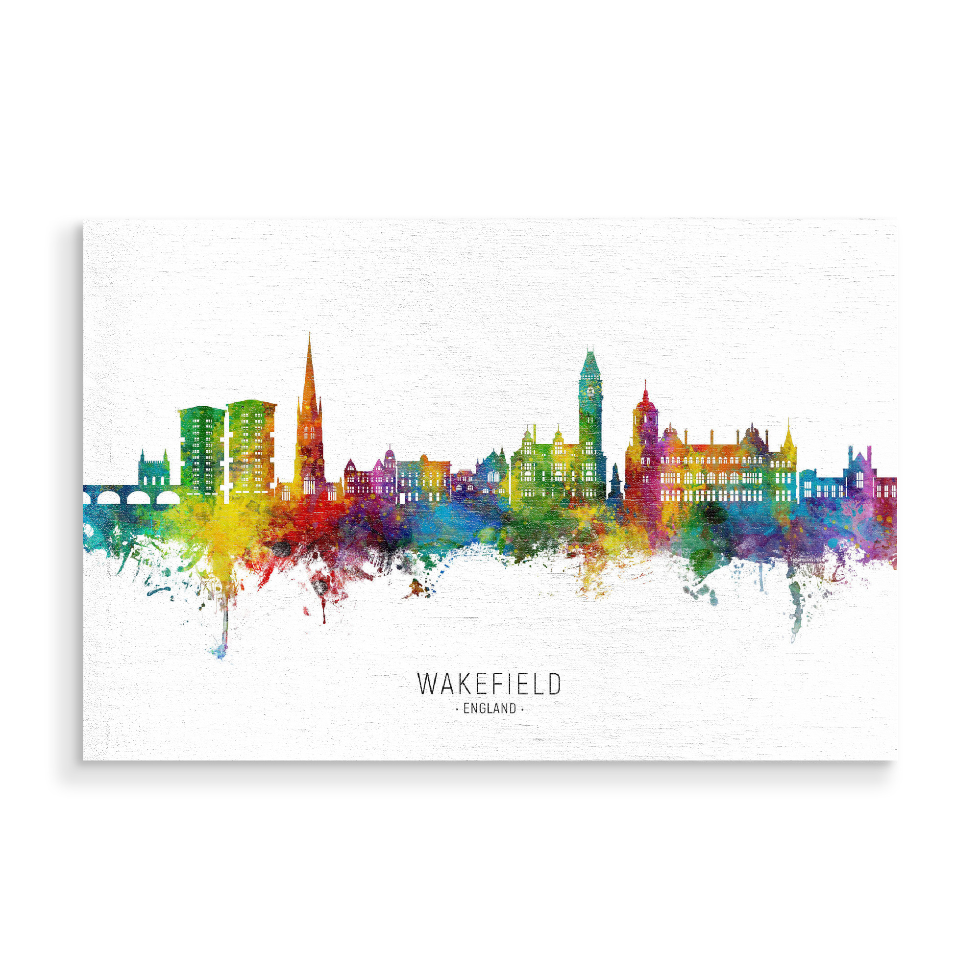 Holzbild "Wakefield England Skyline txt" artboxONE - Städte - Wakefield,England,Skyline,Cityscape,Stadtbild,Watercolor,City,Stadt,Bunt,Colorful