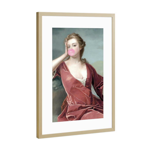 Poster mit Rahmen Gold "Bubble Gum Blowing Duchess" artboxONE - Menschen,Fashion,Lustig - Woman blowing bubble gum,Duchess,Gum,Female,Frau,Woman,Old