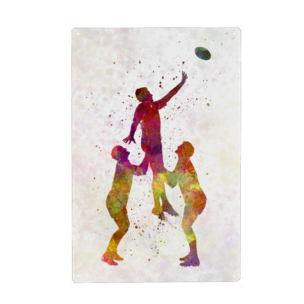 Holzbild "Rugby man player-g" artboxONE - Sport - Sport,Sports,Color,Illustration,Watercolor,Rugby,Man,Player ball,Jump,Contact,Evasion,League,Soccer