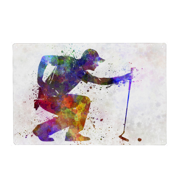 Holzbild "Man golfer crouching silhouette-b" artboxONE - Sport - Sport,Sports,Color,Illustration,Golf,Golfer,Stick,Golf club,Stroke,Golf course,Hole
