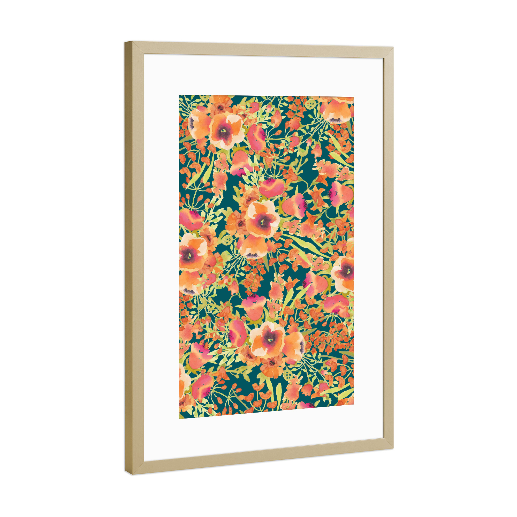Poster mit Rahmen Gold "Floral Bunch" artboxONE - Natur,Floral - Pattern,Watercolor,Coral,Orange,Blossom,Bloom,Floral,Nature,Exotic,Colorful,Summer