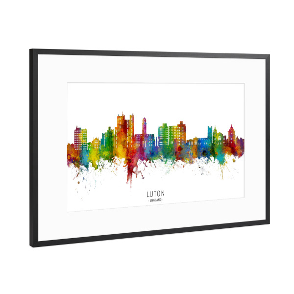 Poster mit Rahmen Schwarz (Metallic) "Luton England Skyline txt" artboxONE - Städte,Architektur