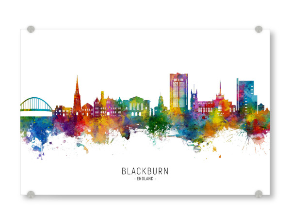 Acrylglasbild "Blackburn England Skyline txt" artboxONE - Städte - Blackburn,England,Skyline,Cityscape,Stadtbild,Watercolor,Painting,City,Stadt,Reise