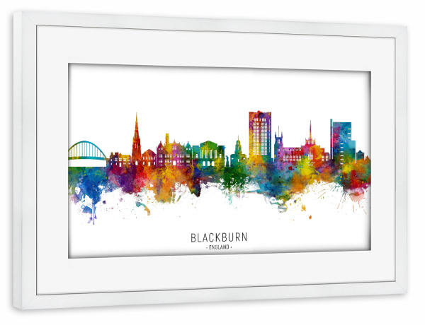 Poster mit Rahmen weiß "Blackburn England Skyline txt" artboxONE - Städte