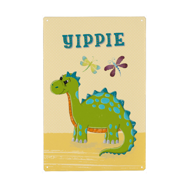 Metall Poster "Dino gut gelaunt. Yippie!" artboxONE - Für Kinder,Tiere,Lustig