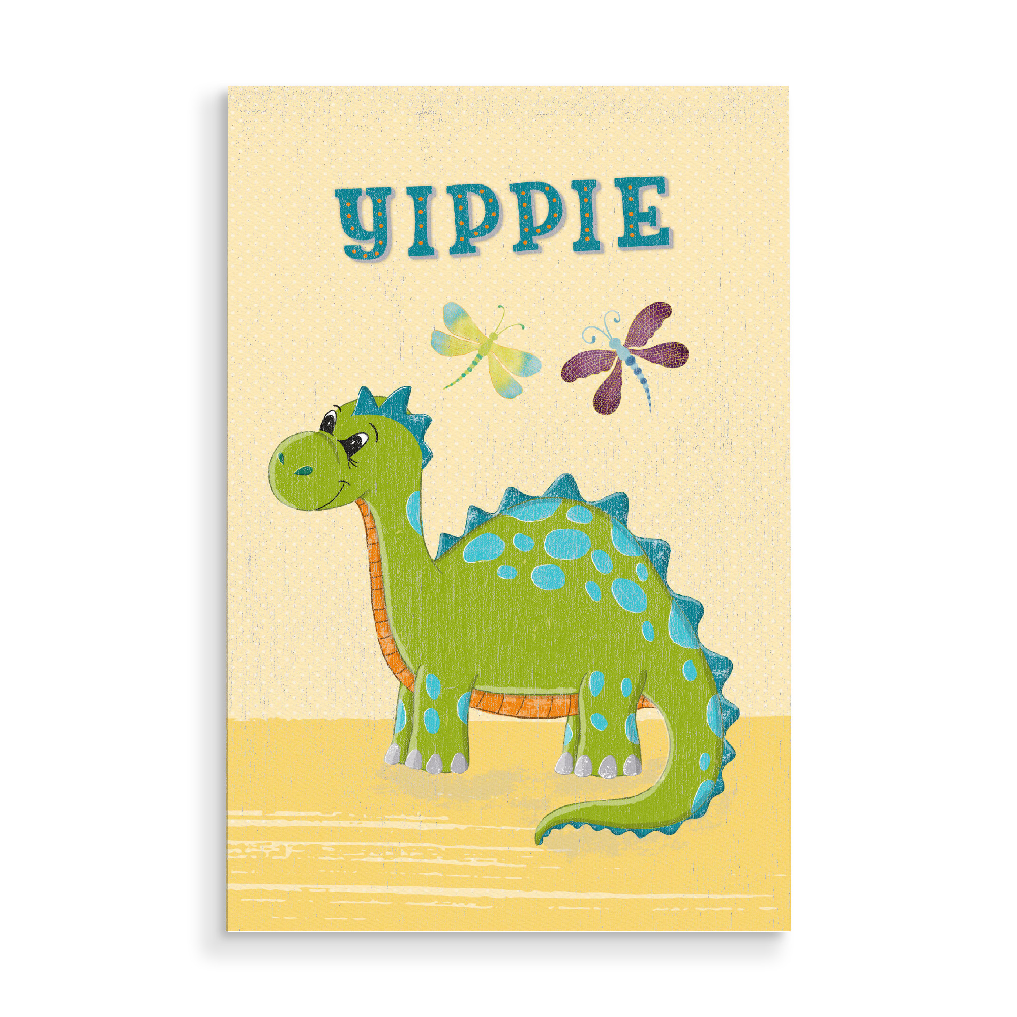 Holzbild "Dino gut gelaunt. Yippie!" artboxONE - Für Kinder,Tiere,Lustig