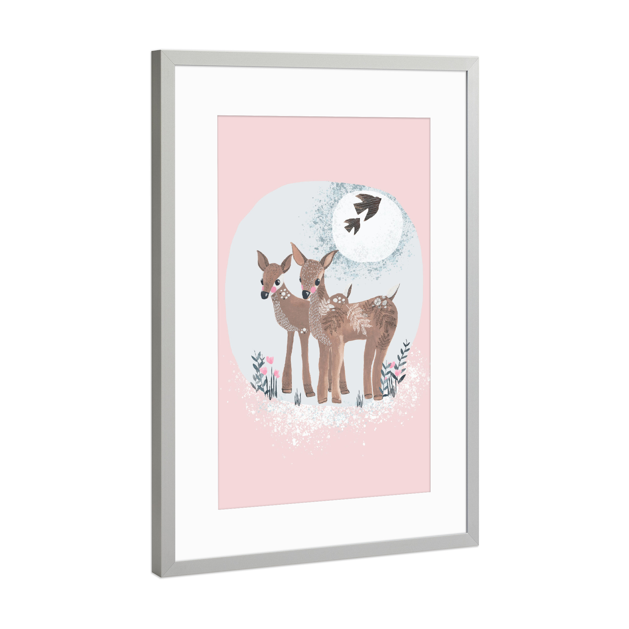 Poster mit Rahmen Silber "Lisa Dolson - Zwei Rehkitze" artboxONE - Natur,Für Kinder,Tiere,Comic