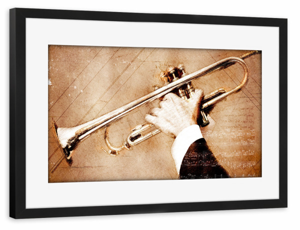 Poster mit Rahmen schwarz "Trumpet music instrument" artboxONE - Musik - Trumpet,Trumpeter,Music,Music instrument,Musican,Sound,Jazz,Musik