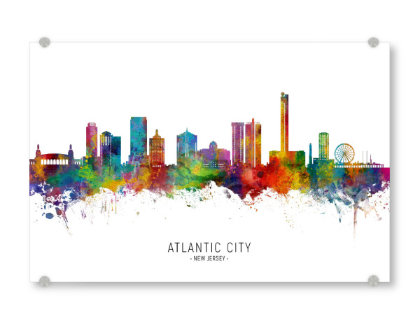 Acrylglasbild "Atlantic City Skyline txt" artboxONE - Städte - Atlantic city,New jersey,Skyline,Cityscape,Stadtbild,Watercolor,Bunt,Colorful,Stadt