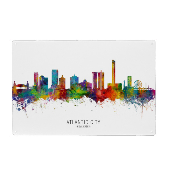 Holzbild "Atlantic City Skyline txt" artboxONE - Städte - Atlantic city,New jersey,Skyline,Cityscape,Stadtbild,Watercolor,Bunt,Colorful,Stadt