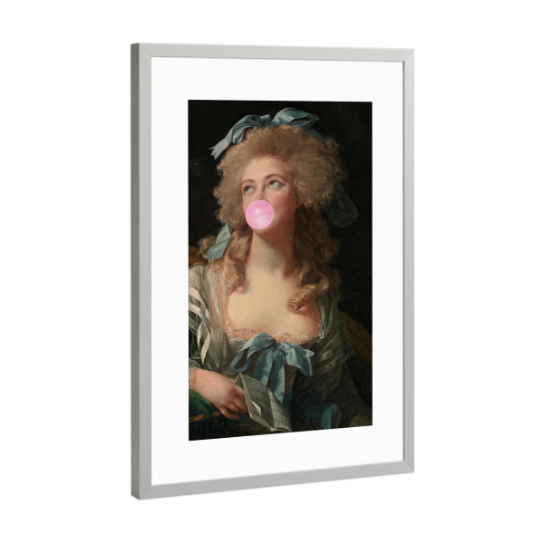 Poster mit Rahmen Silber "Bubble Gum Blowing Madame" artboxONE - Fashion,Lustig - Bubble gum blowing madame,Woman,Pink,Bubblegum,Female,Frau