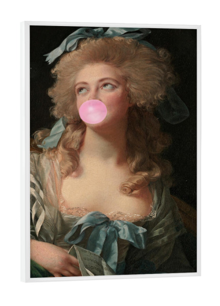 Poster mit weißem Rahmen "Bubble Gum Blowing Madame" artboxONE - Fashion,Lustig - Bubble gum blowing madame,Woman,Pink,Bubblegum,Female,Frau