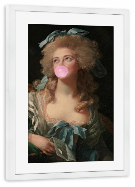 Poster mit Rahmen weiß "Bubble Gum Blowing Madame" artboxONE - Fashion,Lustig - Bubble gum blowing madame,Woman,Pink,Bubblegum,Female,Frau