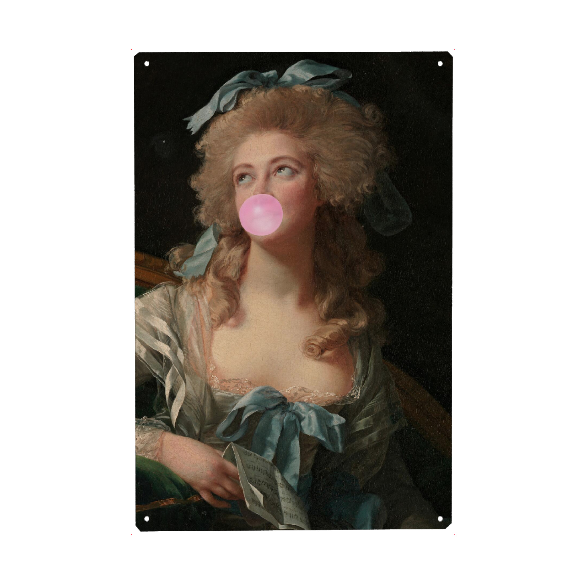 Metall Poster "Bubble Gum Blowing Madame" artboxONE - Fashion,Lustig - Bubble gum blowing madame,Woman,Pink,Bubblegum,Female,Frau - Blechschild