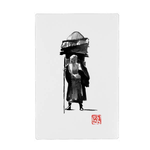 Metall Poster "Posing monk" artboxONE - Menschen,Schwarzweiß - Moine,échine,Japon,Sumie,Japan,Schwarzweiß,Blackandwhite - Blechschild