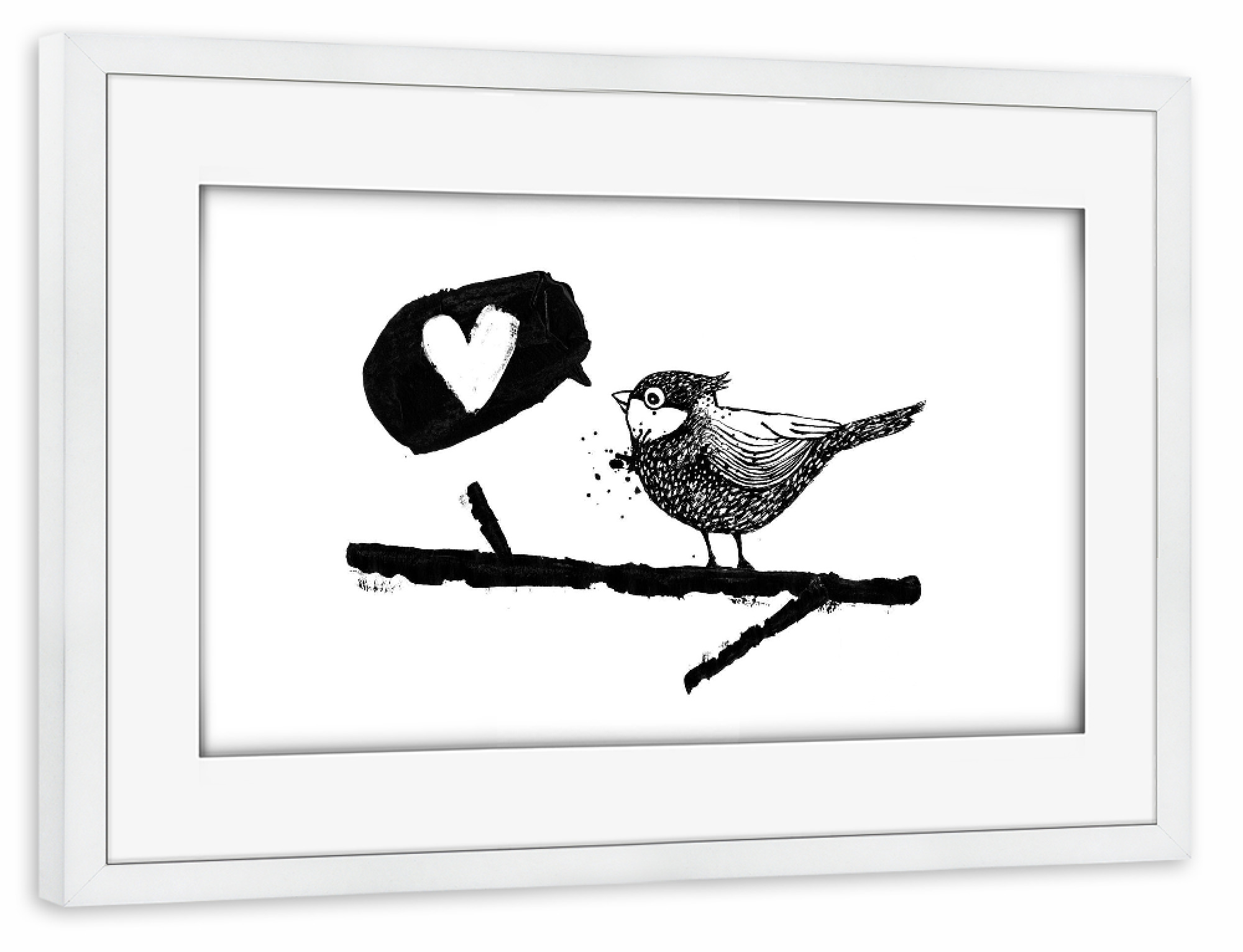 Poster mit Rahmen weiß "Vogelgezwitscher" artboxONE - Tiere,Comic,Schwarzweiß,Liebe,Für Mama